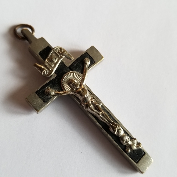 Relisted - Vintage Skull of Adam Pectoral Cross Pendant black silver tone - Picture 5 of 9